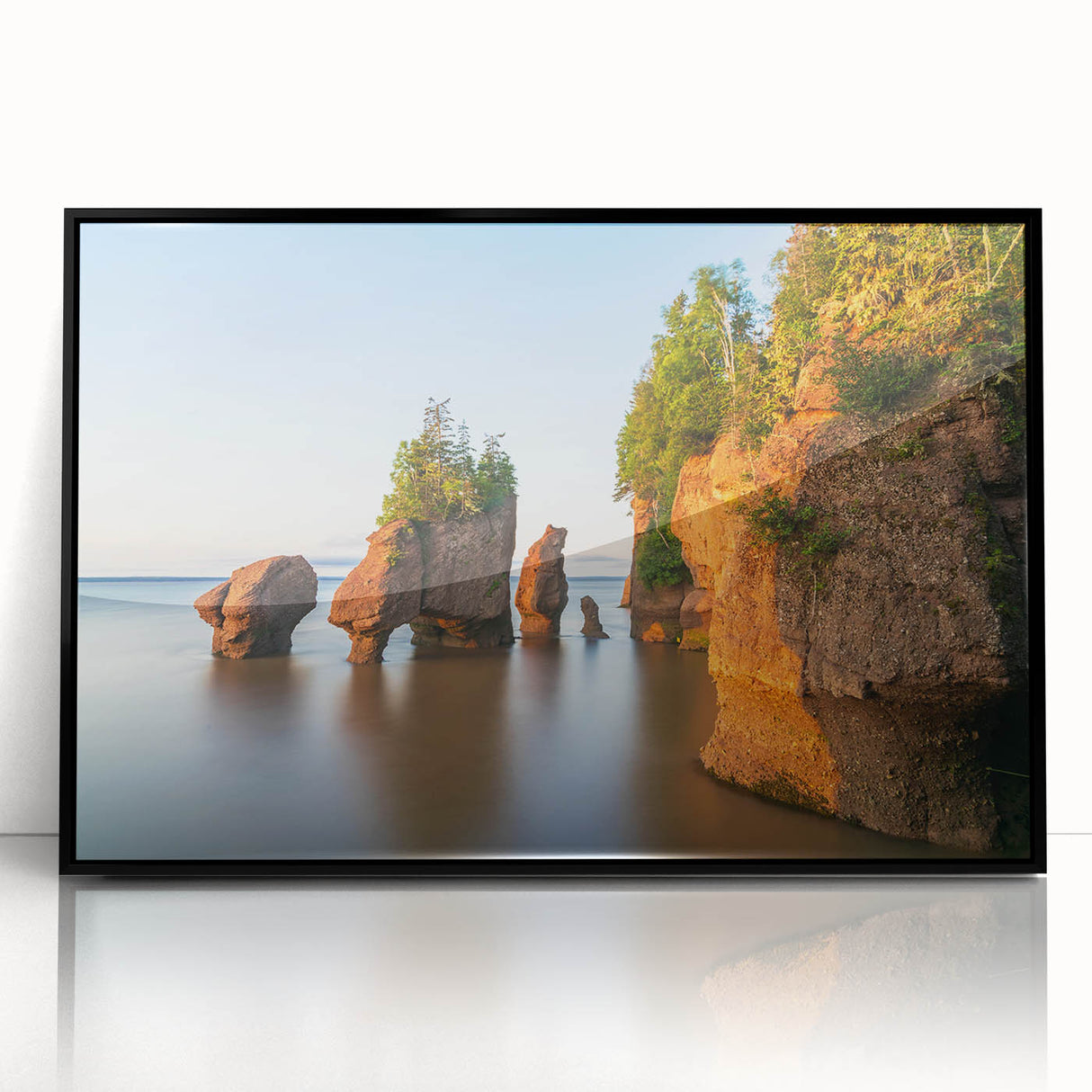 Large abstract wall art depicting New Brunswick scenery in muted earth tones on a framed acrylic.