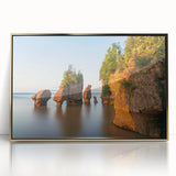 Large art print of New Brunswick scenery in mid-century modernist style, featuring muted earth tones, framed in gold acrylic.