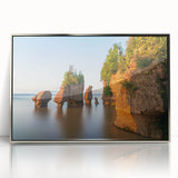 Mid-century modernist art depicting New Brunswick scenery in muted earth tones on a silver-framed acrylic print.