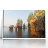 Framed acrylic print of a New Brunswick landscape in art deco style, featuring soft pastel colors.