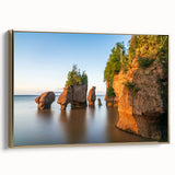 Framed canvas depicting a serene New Brunswick landscape in muted earth tones, ideal for bedroom wall art.