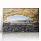 Mid-century modernist art of Newfoundland scenery in silver framed acrylic, featuring subdued earth tones.