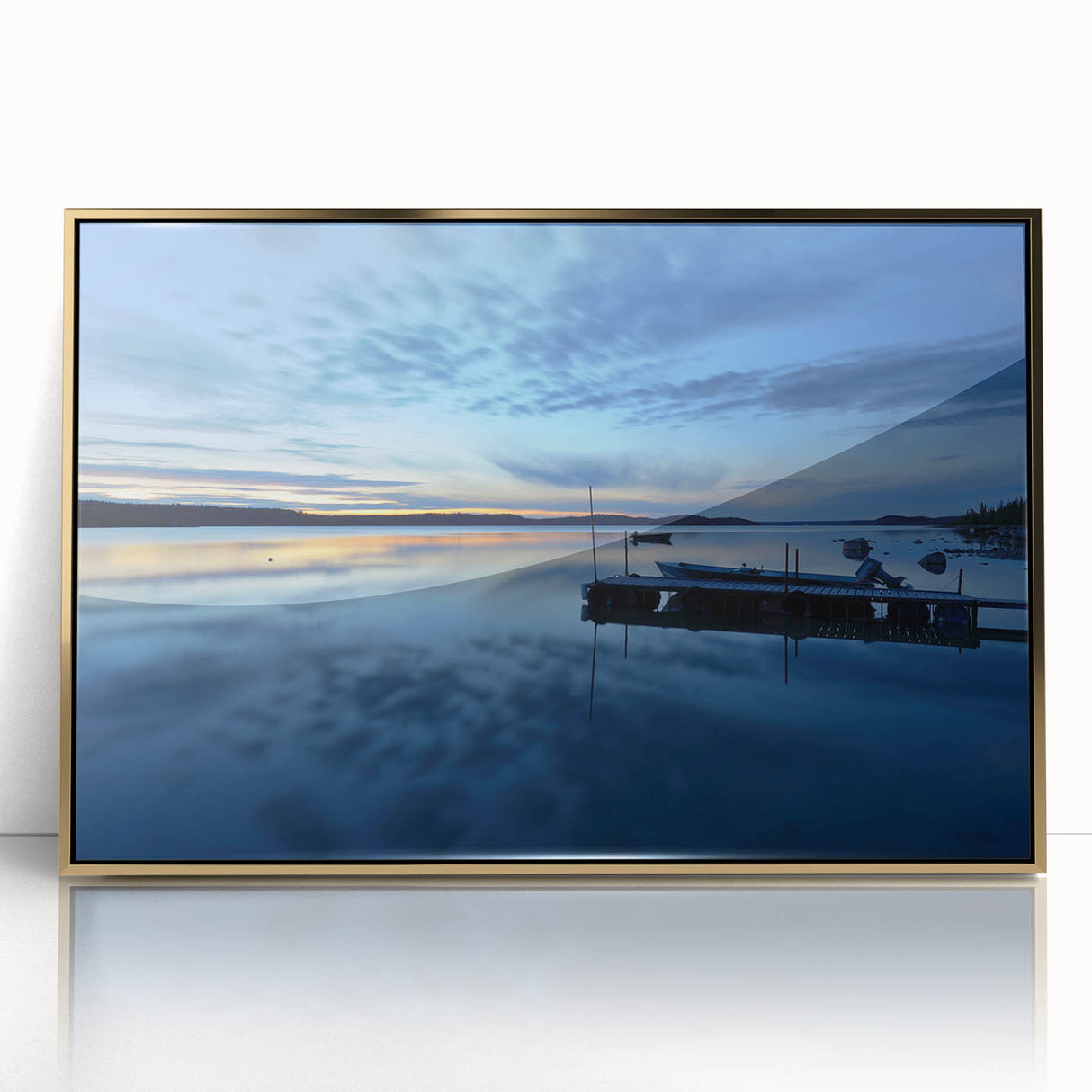 Mid-century modernist landscape of Canada's Northwest Territories in gold-toned acrylic, ideal for modern art wall decor.