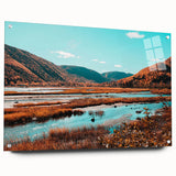 Acrylic print of a Nova Scotia landscape in muted blue and green tones, suitable for bedroom or dining room decor.