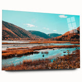 Acrylic print of a serene Nova Scotia landscape, featuring soft blue and green tones, ideal for bedroom or dining room art.