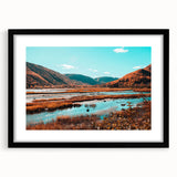 Extra large abstract art print of a colorful, textured Nova Scotia scenery in a black frame, ideal for living room decor.