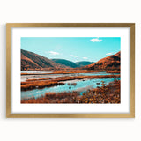 Extra large abstract art print depicting a textured Nova Scotia scenery in muted earth tones, framed in gold.