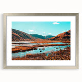 Textured abstract art print of Nova Scotia scenery in muted earth tones, framed in silver, ideal for bedroom art.