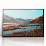 Large abstract wall art depicting Nova Scotia scenery in muted earth tones on a framed acrylic.