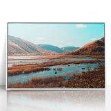 Acrylic print of a serene Nova Scotia landscape in soft pastel colors, framed in white.