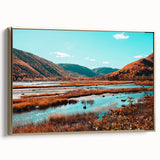 Framed canvas of a vintage-style Nova Scotia landscape in muted earth tones, ideal for bedroom wall art.