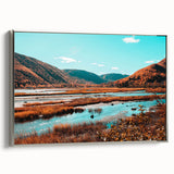 Framed canvas of a vintage-style Nova Scotia landscape with colorful art elements, ideal for living room decor.