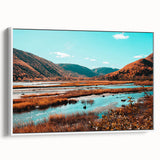 Vintage poster art of Nova Scotia scenery on framed canvas with colorful accents, ideal for living room decor.