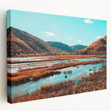 Scenic Nova Scotia landscape on large stretched canvas, featuring muted earth tones, ideal for kitchen wall art.