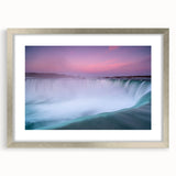 Textured abstract art print of Ontario scenery in muted earth tones, framed with a silver mat, suitable for bedroom decor.