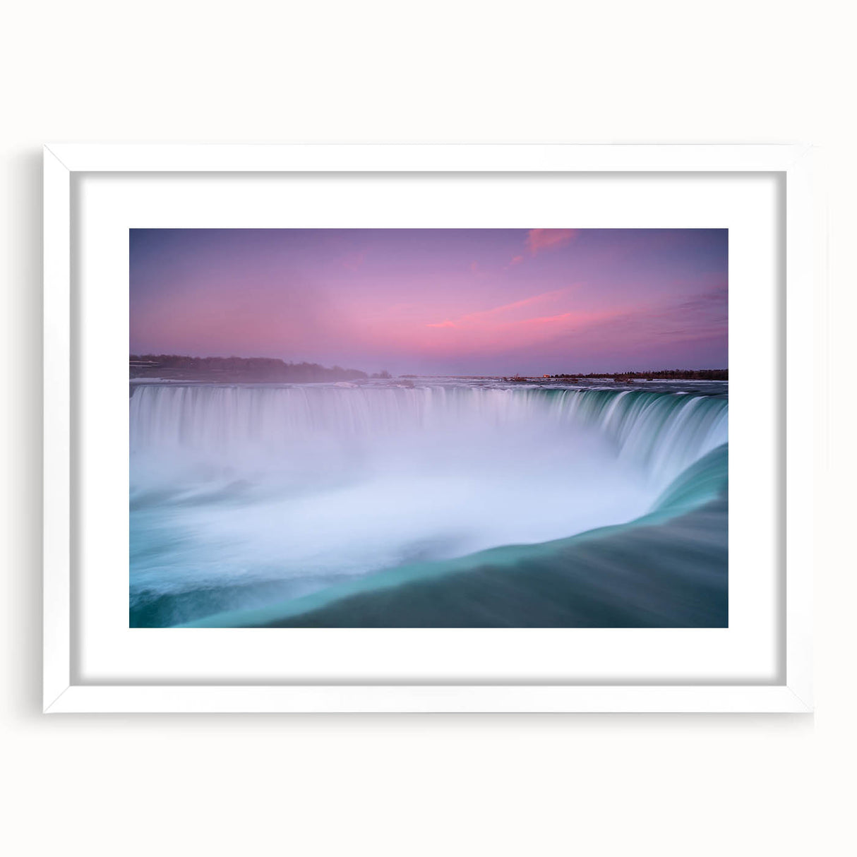 Abstract art print of Ontario, Canada scenery in muted earth tones on a framed white mat, suitable for dining room decor.