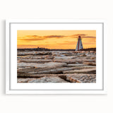 Abstract art print of Prince Edward, Canada scenery in muted earth tones on a framed white mat, ideal for dining room decor.