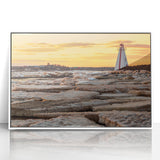 Acrylic print of Prince Edward Island scenery in muted green and blue tones, framed in white.