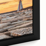 Framed canvas featuring a textured depiction of Prince Edward Island in black with colorful accents.