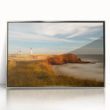 Mid-century modernist art depicting Quebec scenery in muted earth tones on a framed acrylic print.