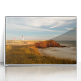 Art Deco poster of Quebec scenery in muted blues and whites on framed acrylic, suitable for modern nursery wall art.