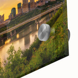 Large abstract wall art depicting Saskatchewan scenery in mid-century modernist style on acrylic glass.