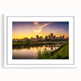 Abstract art print of Saskatchewan scenery in muted earth tones, framed with a white mat, suitable for dining room decor.