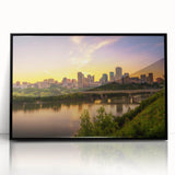 Large abstract wall art depicting vibrant, multi-colored Saskatchewan scenery on a black framed acrylic.