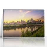 Art deco poster of Saskatchewan scenery in muted earth tones on white framed acrylic, suitable for modern nursery decor.