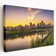 Side view of a stretched canvas featuring a serene Saskatchewan landscape in muted green and blue tones.