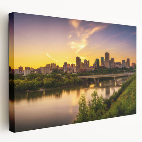 Side view of a stretched canvas featuring a serene Saskatchewan landscape in muted green and blue tones.