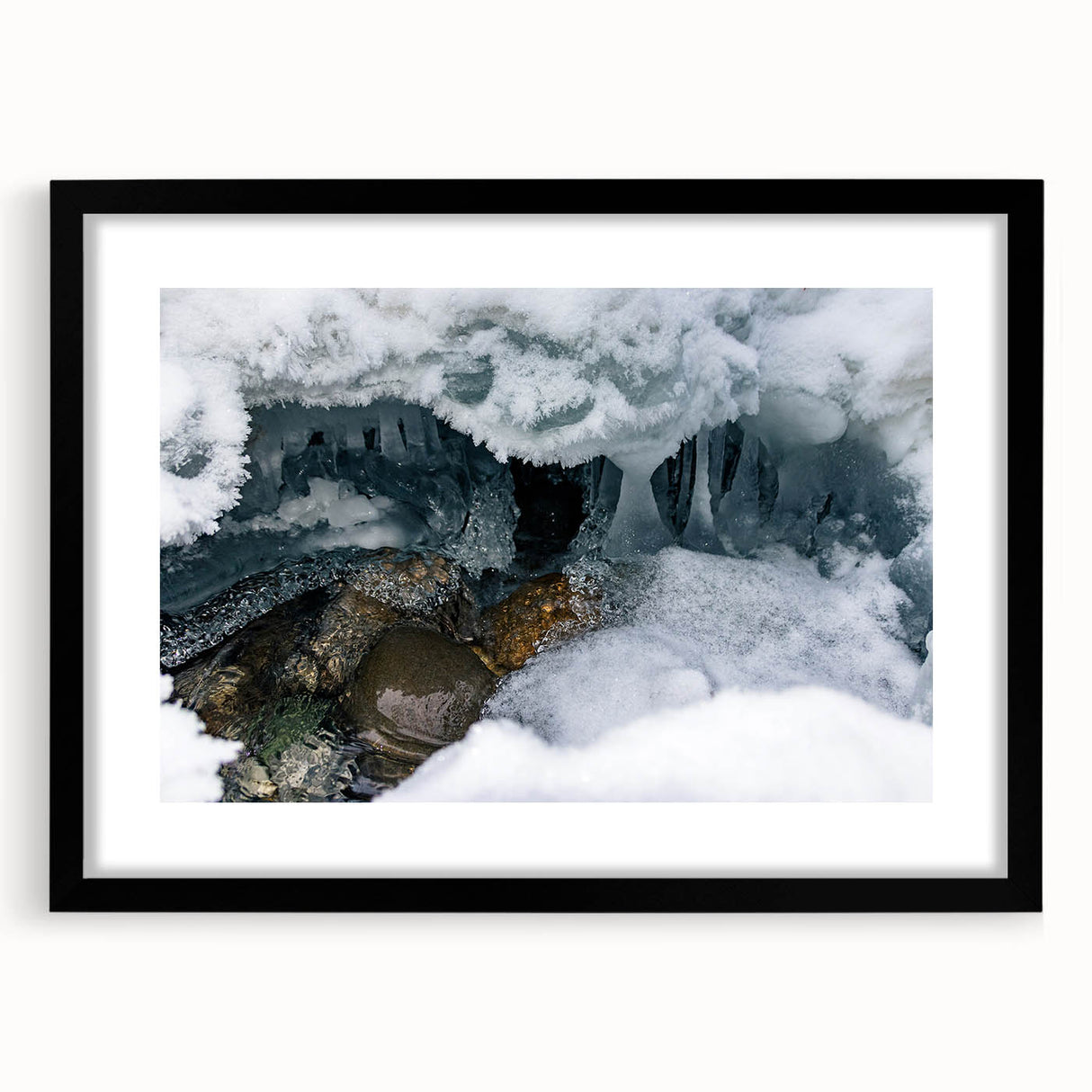 Extra large abstract art print of a colorful Yukon scenery on textured canvas, framed in black, ideal for living room decor.