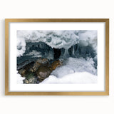 Extra large abstract art print depicting a textured scenery of the Yukon, in gold frame with mat.