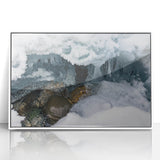 Art deco poster depicting Yukon scenery in muted blue and white tones, acrylic framed, suitable for modern nursery decor.