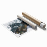 Art deco poster featuring a serene Yukon landscape in muted blue and green tones, ideal for dining room wall art.