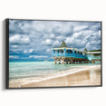 Framed canvas featuring a black and white vintage-style landscape of Antigua, ideal for bedroom wall decor.
