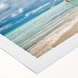 Art deco poster of Caribbean Antigua scenery on rolled canvas, featuring vibrant ocean and sky hues.