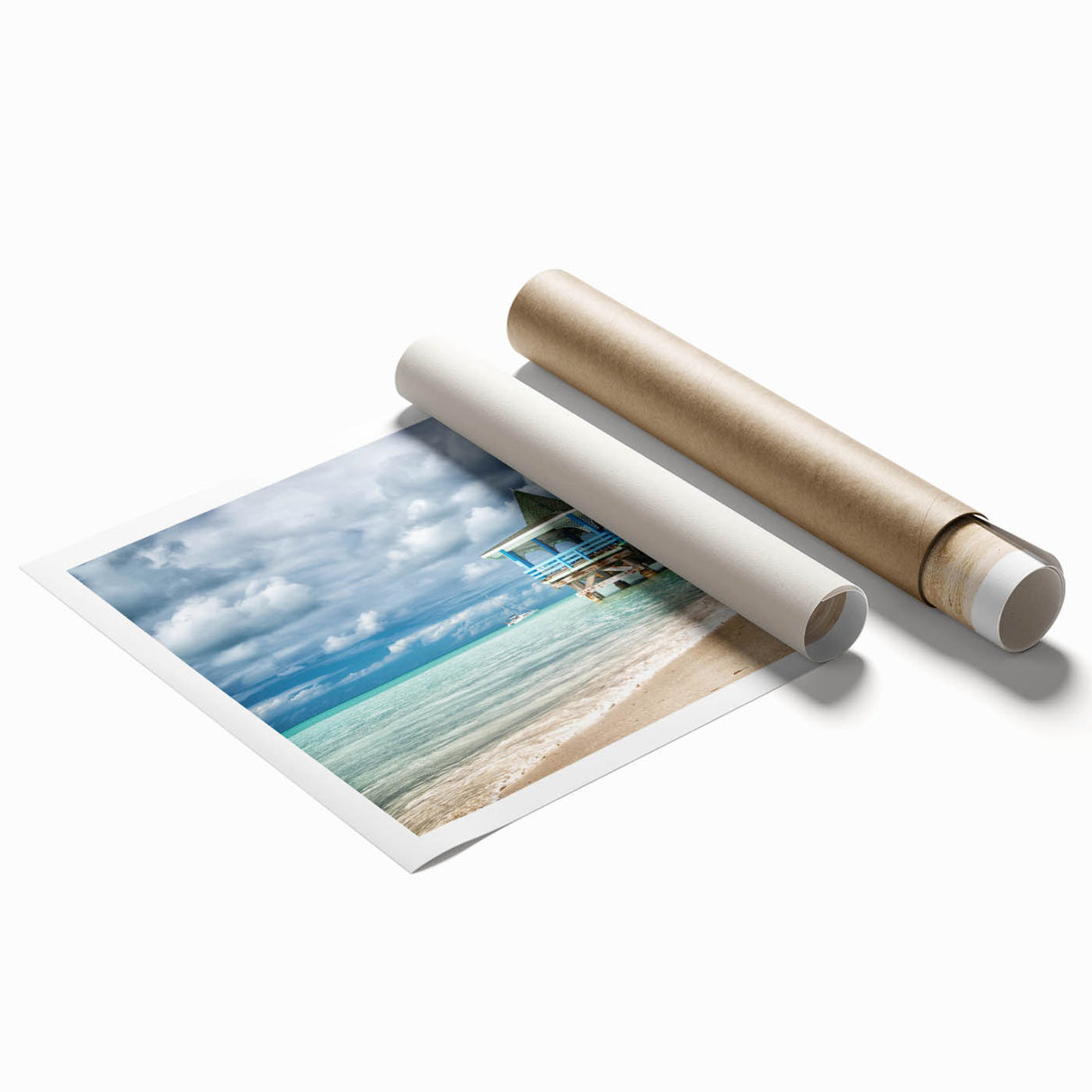 Extra large rolled print of a serene Caribbean beach with soft pink and blue hues, ideal for classy bathroom wall art.