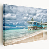 Caribbean beach scene on stretched canvas, featuring turquoise waters and white sands, ideal for kitchen wall art.