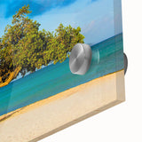 Large abstract wall art of Caribbean scenery in vibrant blue and green hues on acrylic glass, ideal as dining room art.