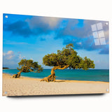 Large abstract wall art of a Caribbean Aruba scenery in vibrant blue and green shades, acrylic glass.