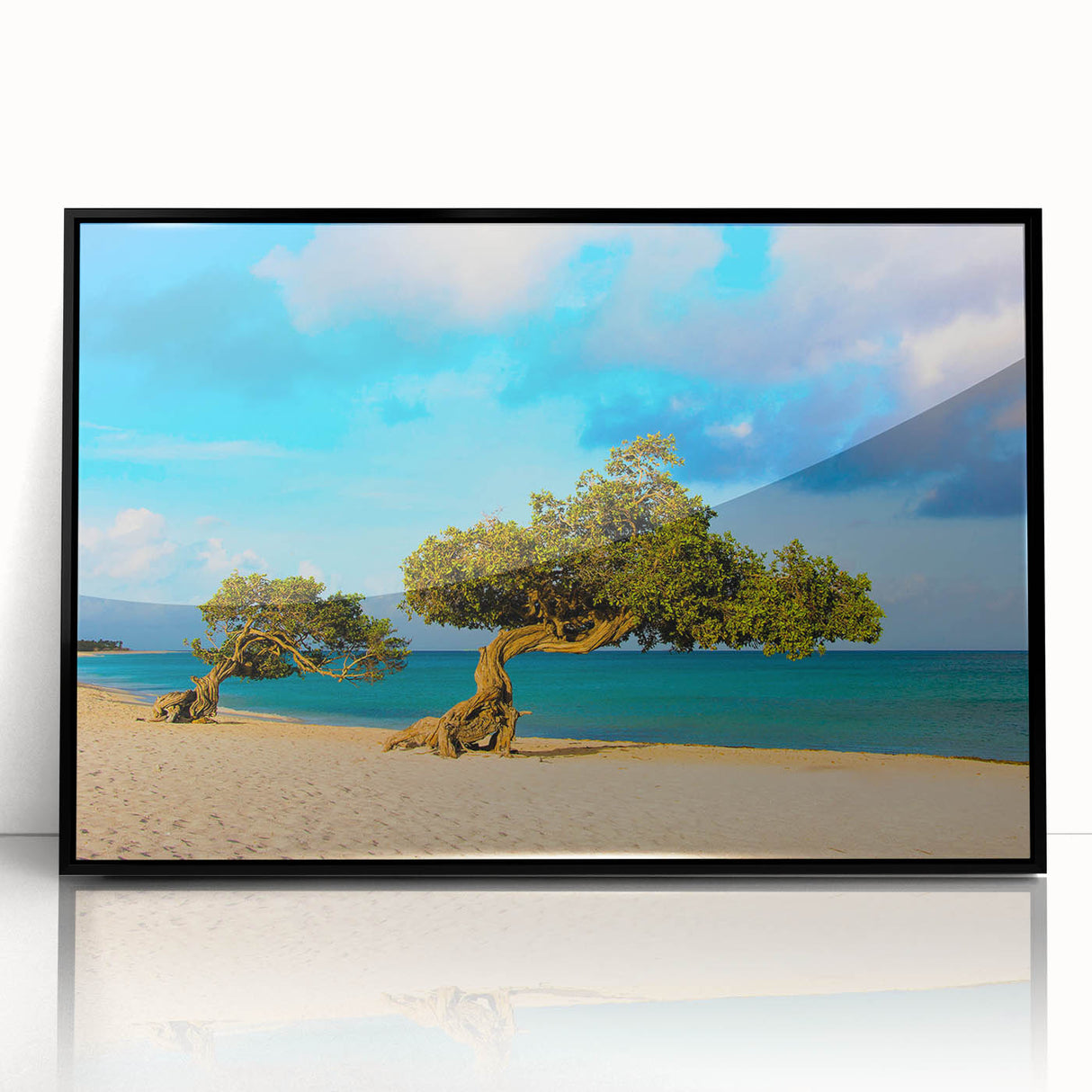 Large abstract wall art depicting a Caribbean scenery in vibrant blue and green tones on a framed acrylic.