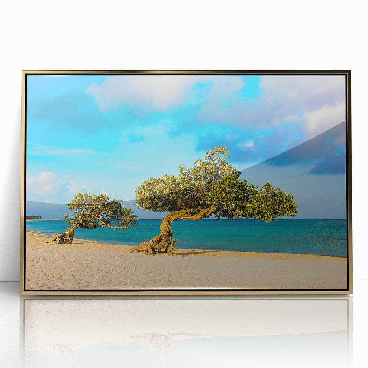 Art deco poster of Caribbean Aruba scenery in gold framed acrylic, with vibrant ocean blue and sandy hues.