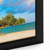Close-up of extra large black wall art depicting a colorful Caribbean Aruba scenery on a textured framed canvas.