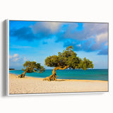 Vintage poster art of a Caribbean scene in vibrant colors on a large framed canvas, ideal for living room decor.
