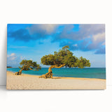 Black and white stretched canvas of Caribbean scenery, ideal for kitchen wall art.