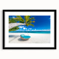 Extra large abstract art print of a vibrant Caribbean scenery on a textured canvas, framed in black.