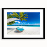 Extra large abstract art print of a vibrant Caribbean scenery on a textured canvas, framed in black.