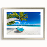 Extra large framed abstract art print of Caribbean scenery in textured blues and greens, ideal for living room decor.