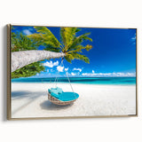 Vintage poster art of a Caribbean scene on a framed canvas, featuring vivid blue and green tones.